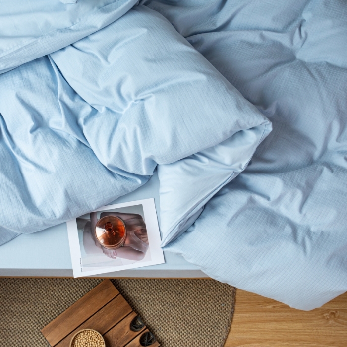 91家纺网 家纺一手货源 找家纺 安莱生活 2022新款染色原棉四件套 雾青-小方格