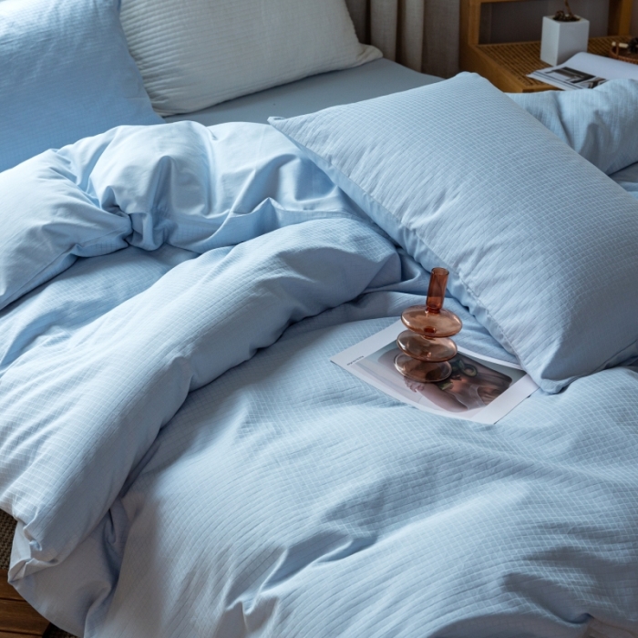 91家纺网 家纺一手货源 找家纺 安莱生活 2022新款染色原棉四件套 雾青-小方格