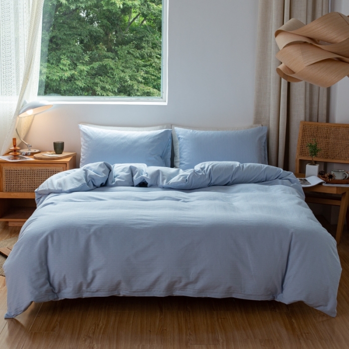 91家纺网 家纺一手货源 找家纺 安莱生活 2022新款染色原棉四件套 雾青-小雨点