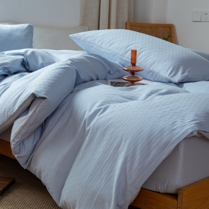 91家纺网 家纺一手货源 找家纺 安莱生活 2022新款染色原棉四件套 雾青-小雨点