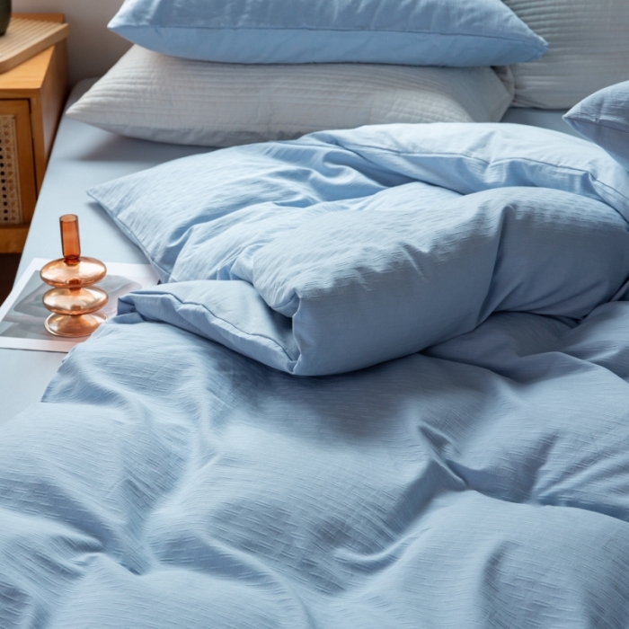 91家纺网 家纺一手货源 找家纺 安莱生活 2022新款染色原棉四件套 雾青-小雨点