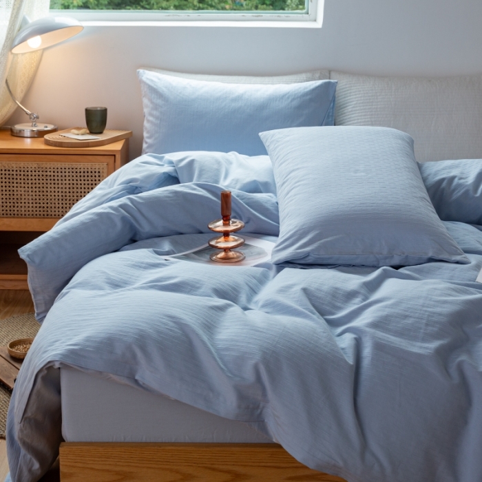 91家纺网 家纺一手货源 找家纺 安莱生活 2022新款染色原棉四件套 雾青-小雨点