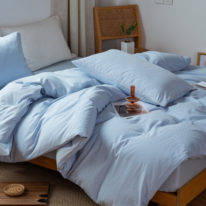 91家纺网 家纺一手货源 找家纺 安莱生活 2022新款染色原棉四件套 雾青-小雨点