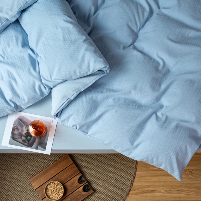 91家纺网 家纺一手货源 找家纺 安莱生活 2022新款染色原棉四件套 雾青-小雨点