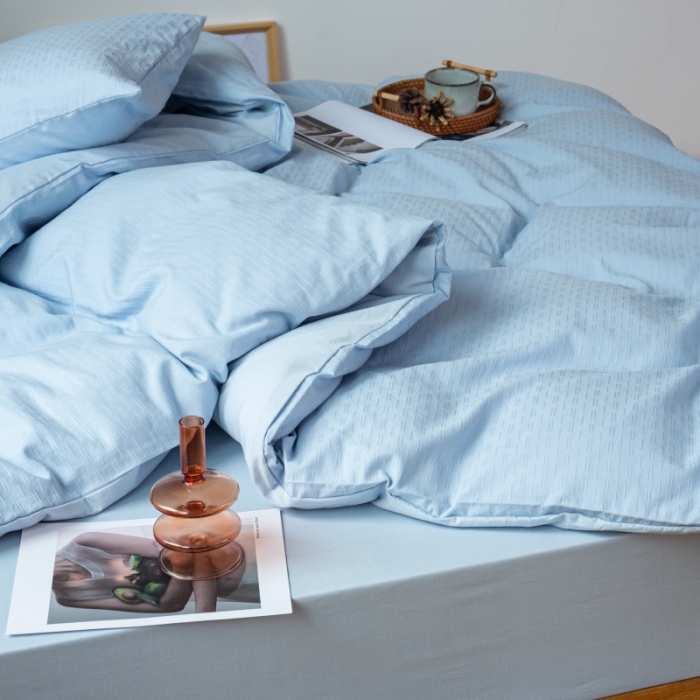 91家纺网 家纺一手货源 找家纺 安莱生活 2022新款染色原棉四件套 雾青-小雨点