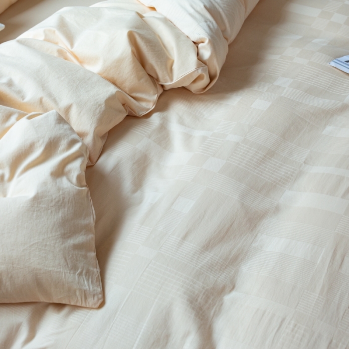 91家纺网 家纺一手货源 找家纺 安莱生活 2022新款染色原棉四件套 杏色-大方格