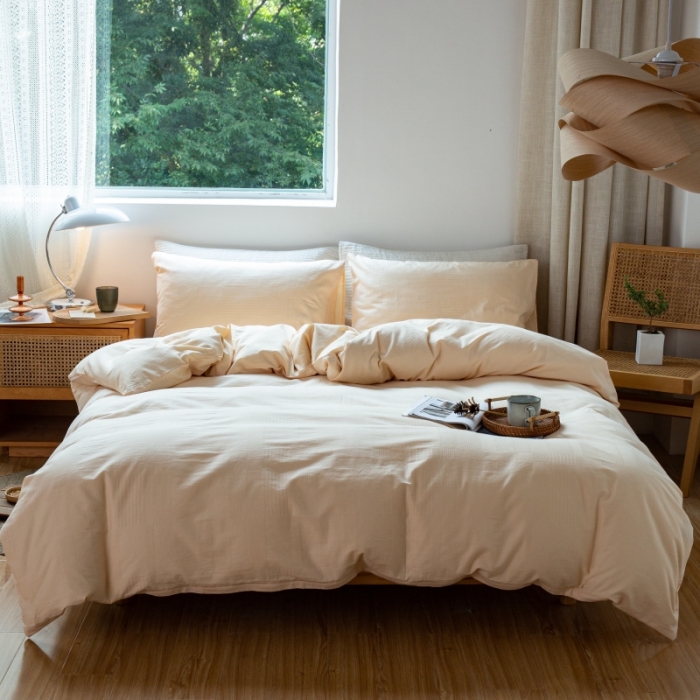 91家纺网 家纺一手货源 找家纺 安莱生活 2022新款染色原棉四件套 杏色-大方格