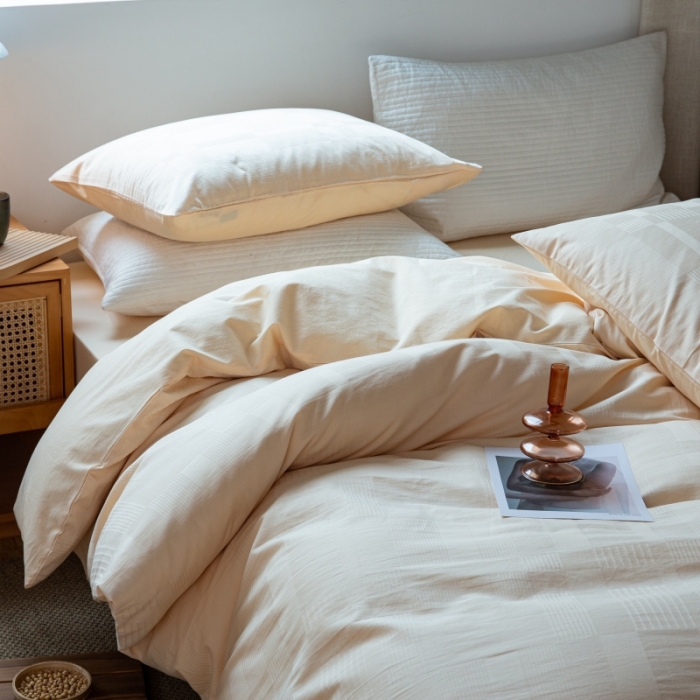 91家纺网 家纺一手货源 找家纺 安莱生活 2022新款染色原棉四件套 杏色-大方格