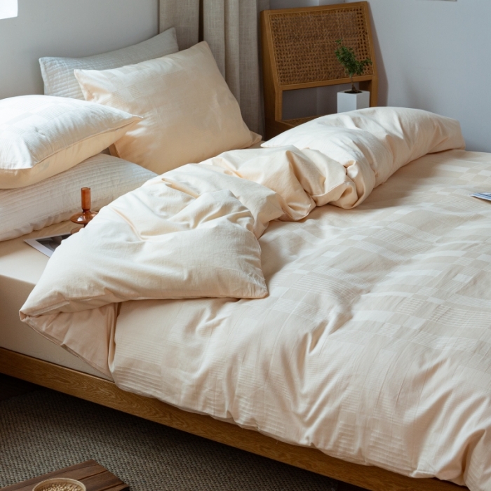 91家纺网 家纺一手货源 找家纺 安莱生活 2022新款染色原棉四件套 杏色-大方格