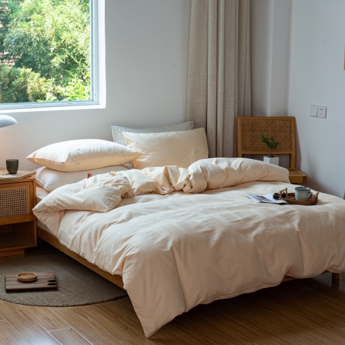 91家纺网 家纺一手货源 找家纺 安莱生活 2022新款染色原棉四件套 杏色-大方格