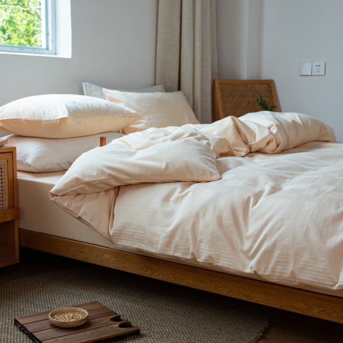 91家纺网 家纺一手货源 找家纺 安莱生活 2022新款染色原棉四件套 杏色-大方格