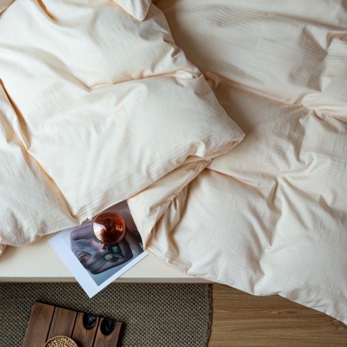 91家纺网 家纺一手货源 找家纺 安莱生活 2022新款染色原棉四件套 杏色-大方格