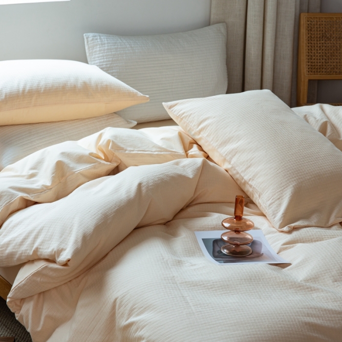 91家纺网 家纺一手货源 找家纺 安莱生活 2022新款染色原棉四件套 杏色-小方格