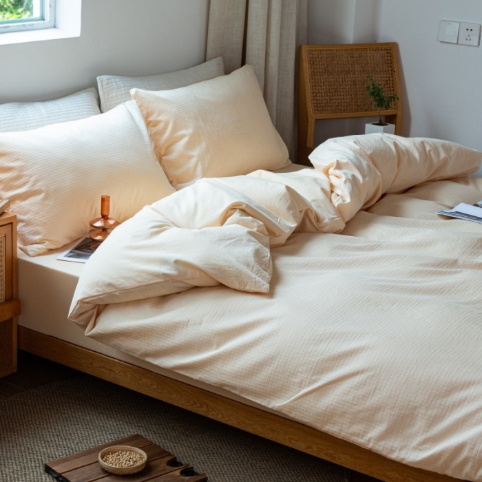 91家纺网 家纺一手货源 找家纺 安莱生活 2022新款染色原棉四件套 杏色-小方格