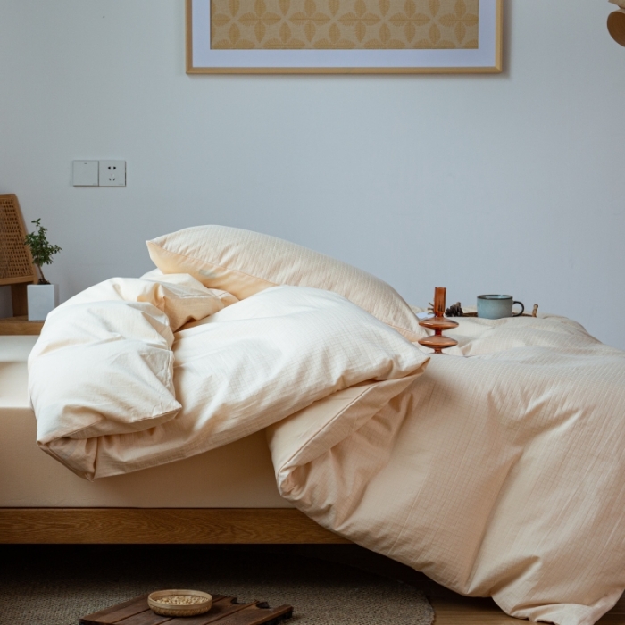 91家纺网 家纺一手货源 找家纺 安莱生活 2022新款染色原棉四件套 杏色-小方格