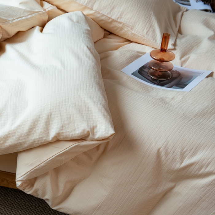 91家纺网 家纺一手货源 找家纺 安莱生活 2022新款染色原棉四件套 杏色-小方格