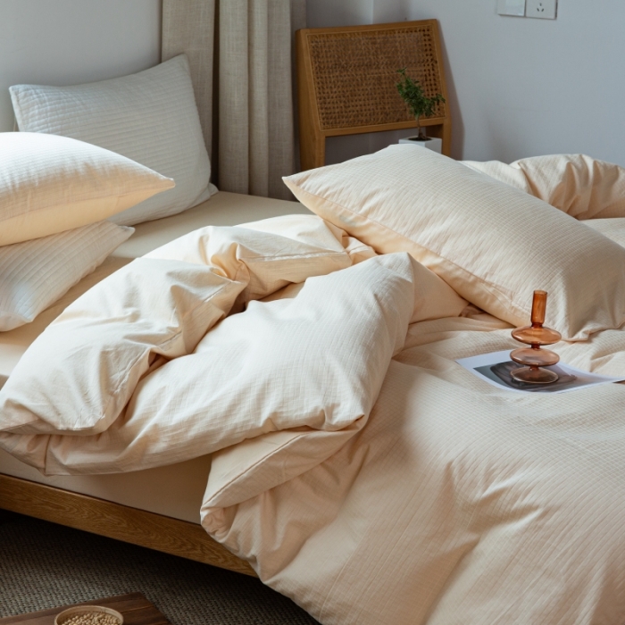 91家纺网 家纺一手货源 找家纺 安莱生活 2022新款染色原棉四件套 杏色-小方格