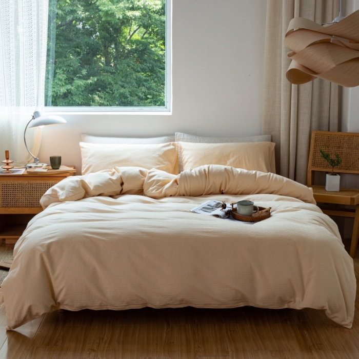 91家纺网 家纺一手货源 找家纺 安莱生活 2022新款染色原棉四件套 杏色-小雨点