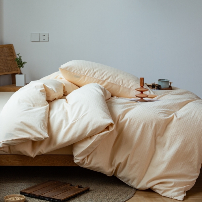 91家纺网 家纺一手货源 找家纺 安莱生活 2022新款染色原棉四件套 杏色-小雨点