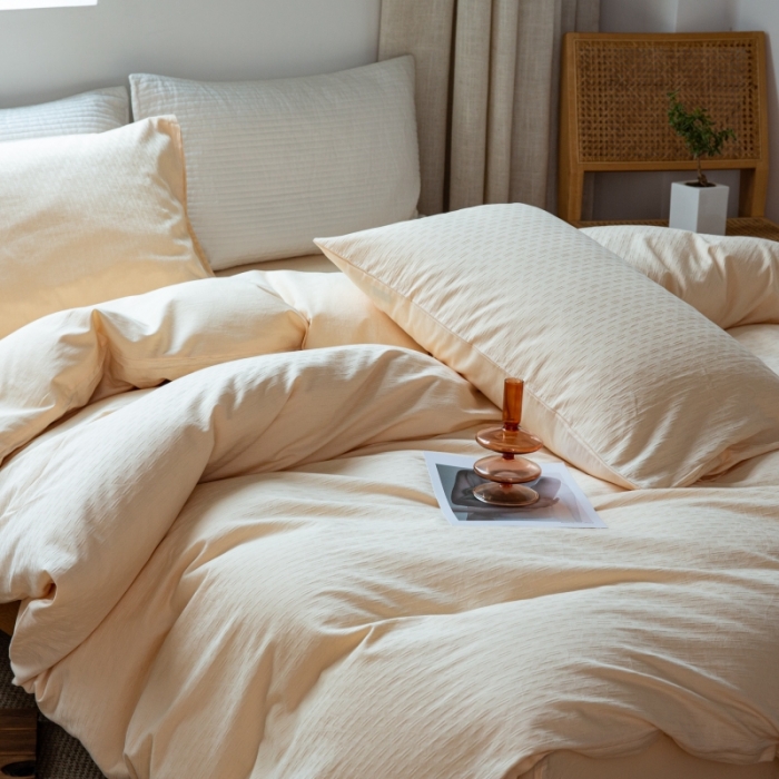 91家纺网 家纺一手货源 找家纺 安莱生活 2022新款染色原棉四件套 杏色-小雨点