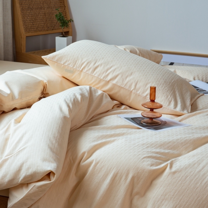 91家纺网 家纺一手货源 找家纺 安莱生活 2022新款染色原棉四件套 杏色-小雨点