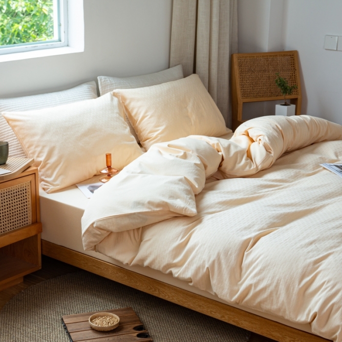 91家纺网 家纺一手货源 找家纺 安莱生活 2022新款染色原棉四件套 杏色-小雨点