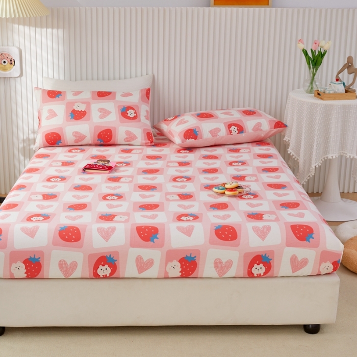 91家纺网 家纺一手货源 找家纺 金丝鸟 2022新款全棉床笠单品 草莓牛奶