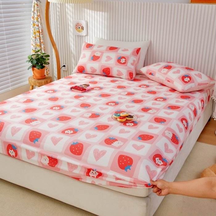 91家纺网 家纺一手货源 找家纺 金丝鸟 2022新款全棉床笠单品 草莓牛奶