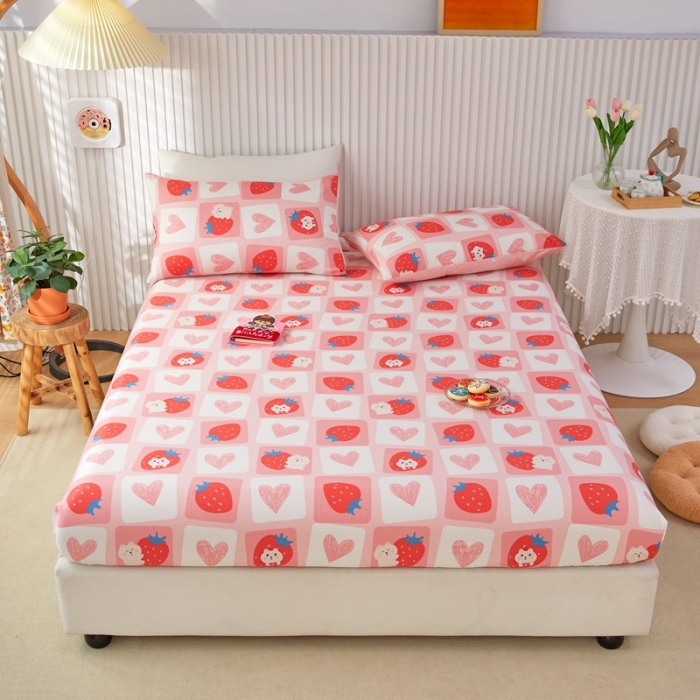 91家纺网 家纺一手货源 找家纺 金丝鸟 2022新款全棉床笠单品 草莓牛奶