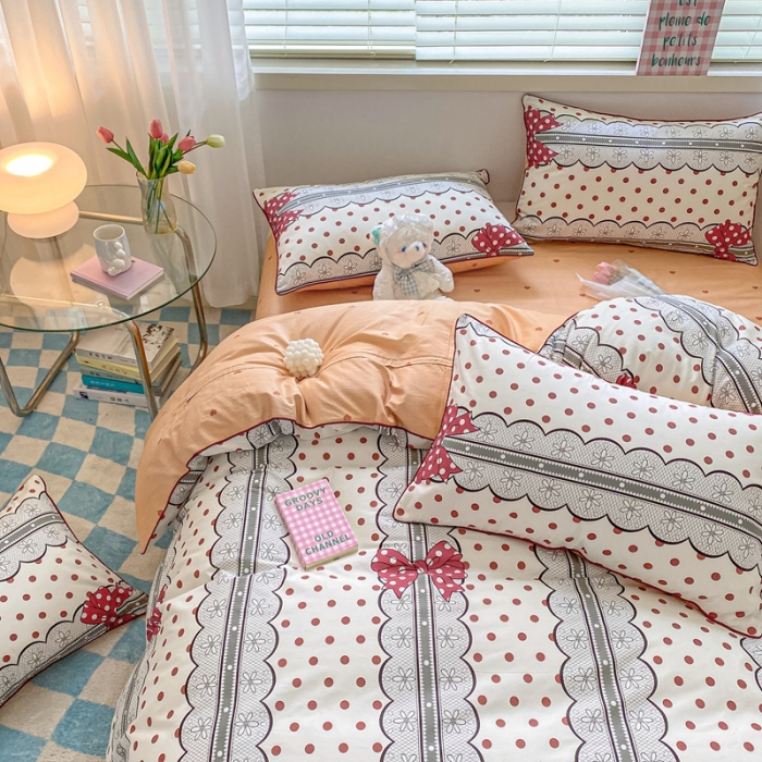 91家纺网 家纺一手货源 找家纺 金丝鸟 2022新款全棉麻绳款四件套 波点蝴蝶结