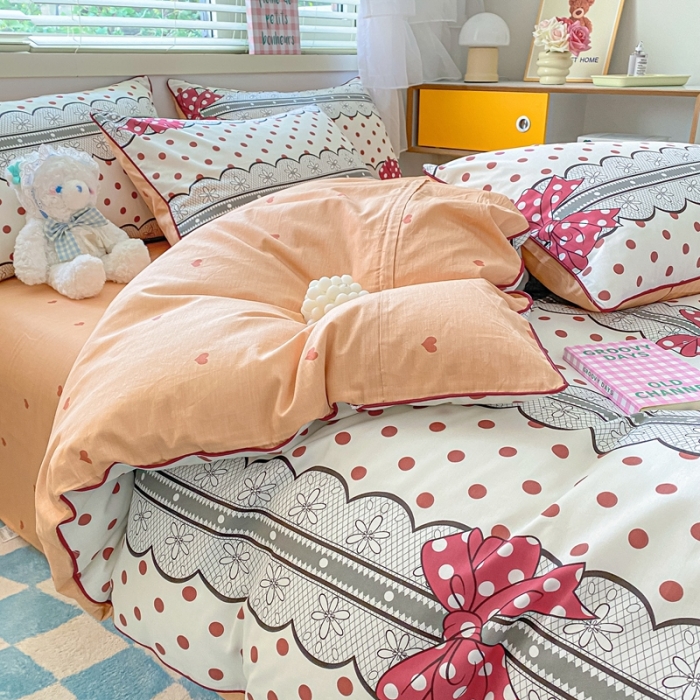 91家纺网 家纺一手货源 找家纺 金丝鸟 2022新款全棉麻绳款四件套 波点蝴蝶结