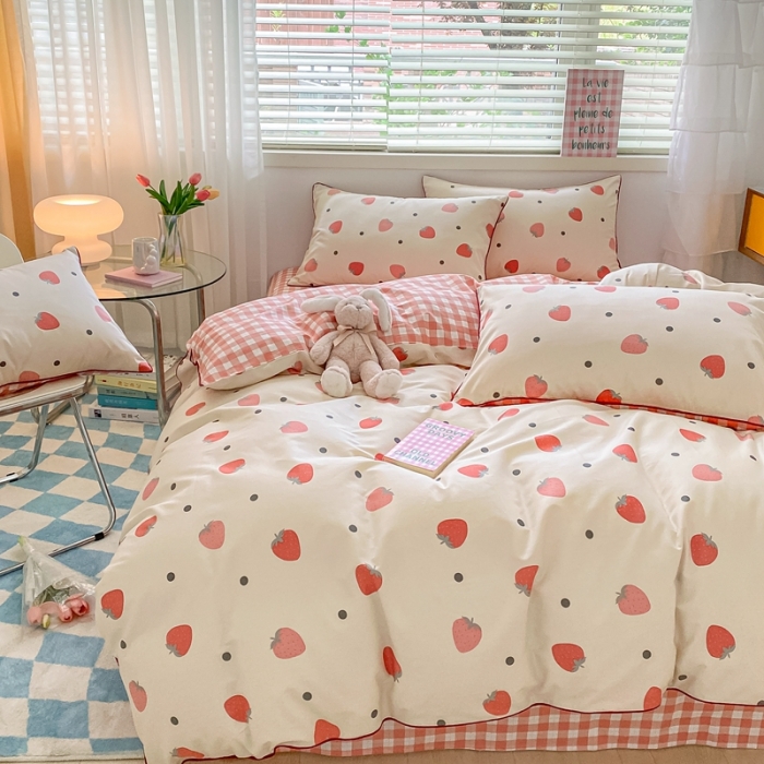 91家纺网 家纺一手货源 找家纺 金丝鸟 2022新款全棉麻绳款四件套 草莓点点