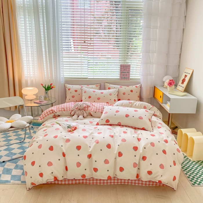 91家纺网 家纺一手货源 找家纺 金丝鸟 2022新款全棉麻绳款四件套 草莓点点