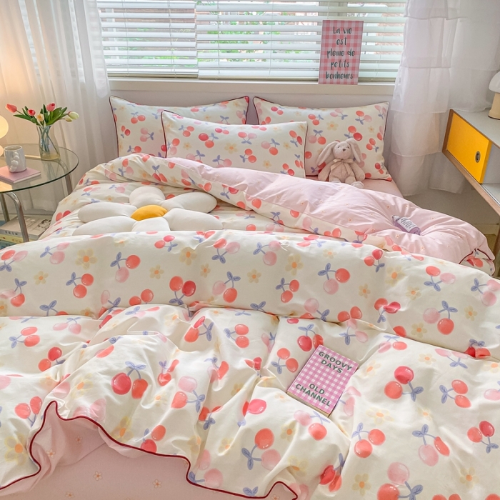 91家纺网 家纺一手货源 找家纺 金丝鸟 2022新款全棉麻绳款四件套 花朵樱桃