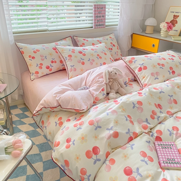 91家纺网 家纺一手货源 找家纺 金丝鸟 2022新款全棉麻绳款四件套 花朵樱桃