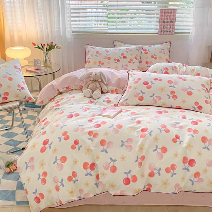 91家纺网 家纺一手货源 找家纺 金丝鸟 2022新款全棉麻绳款四件套 花朵樱桃