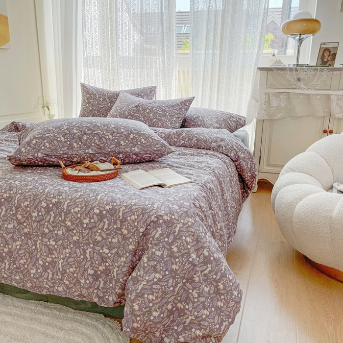 91家纺网 家纺一手货源 找家纺 田野 2022新款水洗棉小清新小碎花全棉四件套 兔兔