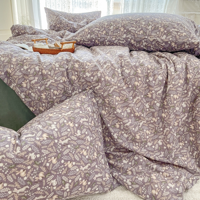 91家纺网 家纺一手货源 找家纺 田野 2022新款水洗棉小清新小碎花全棉四件套 兔兔