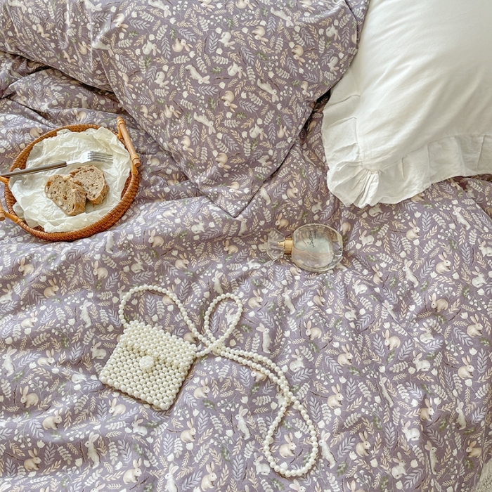 91家纺网 家纺一手货源 找家纺 田野 2022新款水洗棉小清新小碎花全棉四件套 兔兔