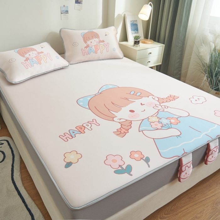 91家纺网 家纺一手货源 找家纺 慕尚 2025大版牛奶丝凉感丝工艺凉席床笠款三件套 洋气女孩