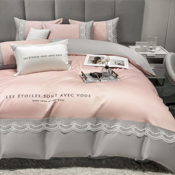 91家纺网 家纺一手货源 找家纺 安妮 2022新款全棉刺绣蕾丝四件套-艾琳 艾琳-豆沙灰