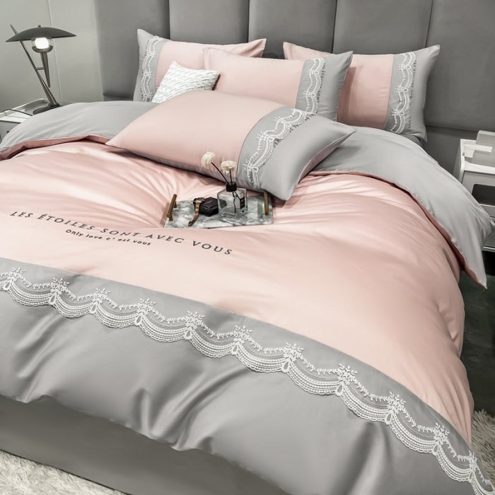 91家纺网 家纺一手货源 找家纺 安妮 2022新款全棉刺绣蕾丝四件套-艾琳 艾琳-豆沙灰