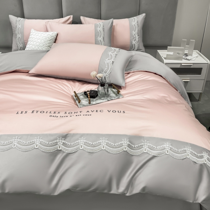 91家纺网 家纺一手货源 找家纺 安妮 2022新款全棉刺绣蕾丝四件套-艾琳 艾琳-豆沙灰