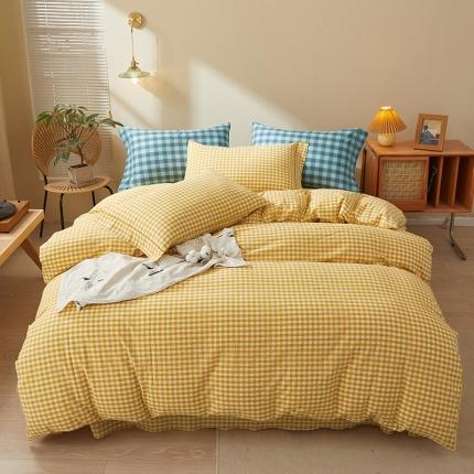 91家纺网 家纺一手货源 找家纺 （总）三沁 2024新款AAA版直播爆款纯棉全棉色织水洗棉简约格子式四件套（床单圆角荷叶边）