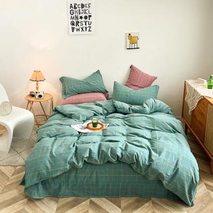 91家纺网 家纺一手货源 找家纺 （总）三沁 2024新款AAA版直播爆款纯棉全棉色织水洗棉简约格子式四件套（床单圆角荷叶边）