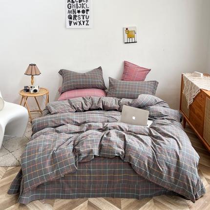 91家纺网 家纺一手货源 找家纺 （总）三沁 2024新款AAA版直播爆款纯棉全棉色织水洗棉简约格子式四件套（床单圆角荷叶边）
