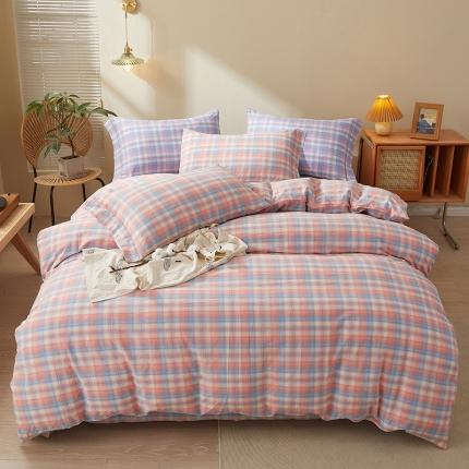 91家纺网 家纺一手货源 找家纺 （总）三沁 2024新款AAA版直播爆款纯棉全棉色织水洗棉简约格子式四件套（床单圆角荷叶边）