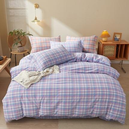 91家纺网 家纺一手货源 找家纺 （总）三沁 2024新款AAA版直播爆款纯棉全棉色织水洗棉简约格子式四件套（床单圆角荷叶边）