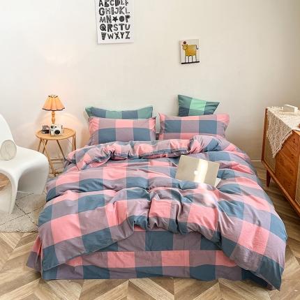 91家纺网 家纺一手货源 找家纺 （总）三沁 2024新款AAA版直播爆款纯棉全棉色织水洗棉简约格子式四件套（床单圆角荷叶边）