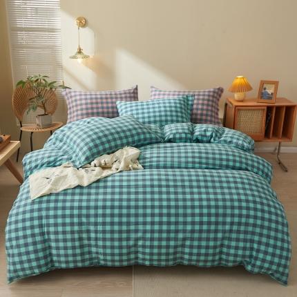 91家纺网 家纺一手货源 找家纺 （总）三沁 2024新款AAA版直播爆款纯棉全棉色织水洗棉简约格子式四件套（床单圆角荷叶边）